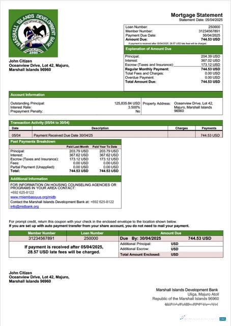 Download Marshall Islands Development Bank mortgage statement Word and PDF template Photoshop template